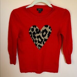 J. CREW 100% Cashmere Crewneck Sweater Red Leopard Print Heart 3/4 Sleeve XS